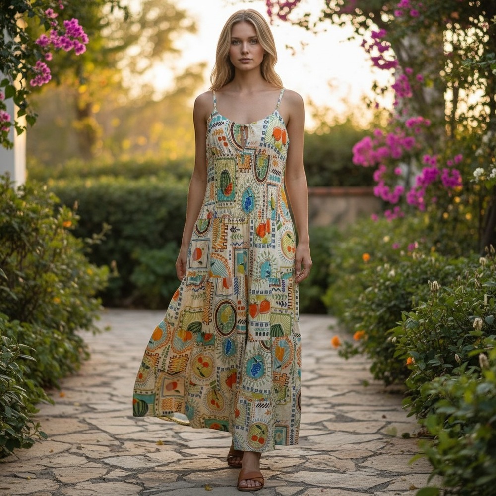 Moon River Womens L Midi Dress Cream Multi Color Fruit Print Smocked Tiered Boho